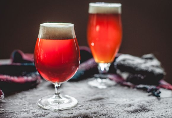 amber colored ales with scarf and snow