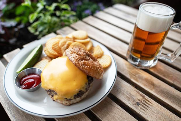 red hook cheeseburger and beer in stein